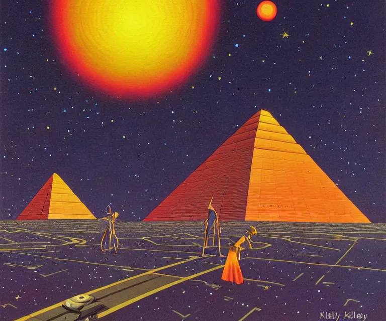 Prompt: portrait character standing gigantic solar pyramids towering over a small city meteor in the dark starry sky of saturn by kelly freas