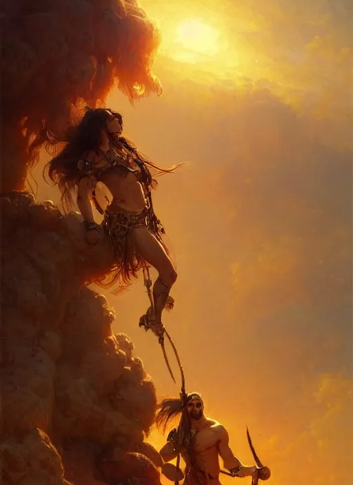 Image similar to portrait painting of a male barbarian, soft hair steampunk ornate zeppelin in the sky sunset golden hour art by greg rutkowski gaston bussiere fantasy soft hair trending on artstation deviantart book cover art concept art key art dramatic volumetric lighting, 4 k, award winning