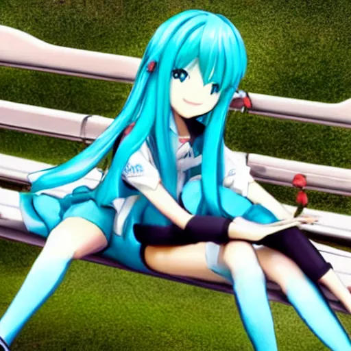 Image similar to hatsune miku sitting on a park bench