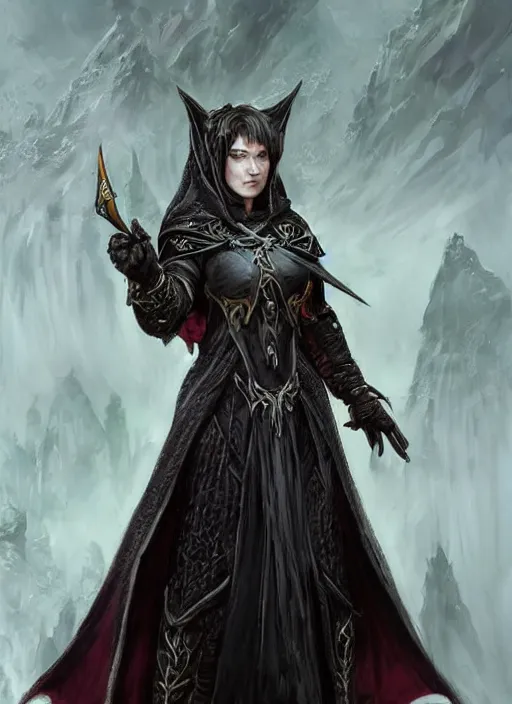 Image similar to dark black cloak female priest, ultra detailed fantasy, dndbeyond, bright, colourful, realistic, dnd character portrait, full body, pathfinder, pinterest, art by ralph horsley, dnd, rpg, lotr game design fanart by concept art, behance hd, artstation, deviantart, hdr render in unreal engine 5