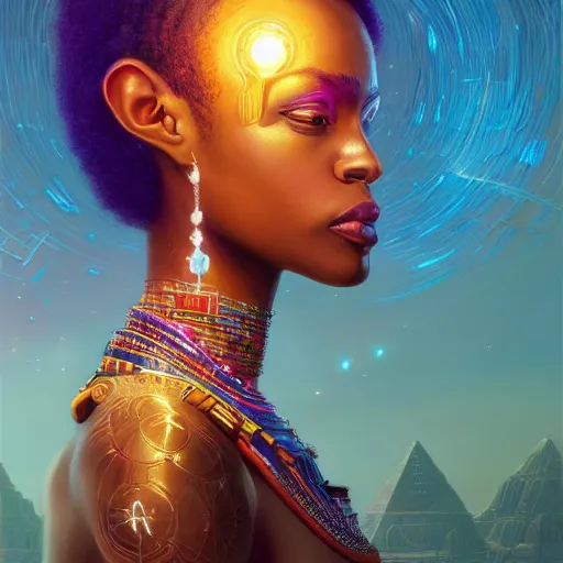 Image similar to highly detailed portrait of an african neon egyptian goddess, intricate alien technology, stephen bliss, unreal engine, fantasy art by greg rutkowski, loish, rhads, ferdinand knab, makoto shinkai and lois van baarle, ilya kuvshinov, rossdraws, tom bagshaw, global illumination, radiant light, detailed and intricate environment