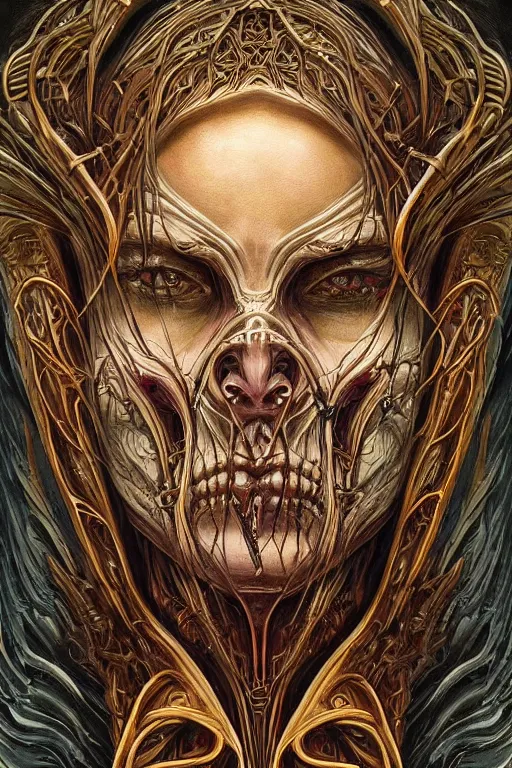 Image similar to Elden Ring and Doom themed painting of majestic chromatic biomechanical anatomical human hybrid beautiful ethereal angel symmetrical neutral mask closeup face tattoo pattern golden ratio concept, Neo-Gothic concept, infinity glyph waves, intricate artwork masterpiece, very coherent artwork, cinematic, full frontal facial features by Artgerm, art by H.R. Giger, Takato Yamamoto, Zdizslaw Beksinski, Johnatan Wayshak, Moebius, Ayami Kojima, very anatomically coherent artwork, trending on cgsociety, ultra high quality model, production quality cinema model, high detail chromatic ink outline, octane render, unreal engine 8k, hyper realism, high detail, octane render, unreal engine, 8k, High contrast