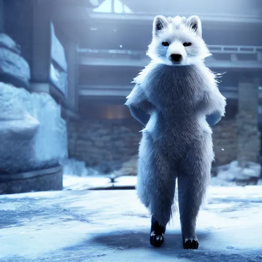 Image similar to Playstation 4 screenshot depicting an anthropomorphic arctic fox furry up as a character in Final Fantasy, octane render