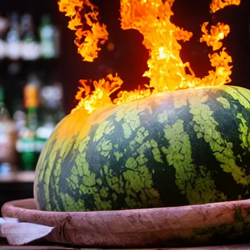 Image similar to photo of a watermelon on fire in a bar