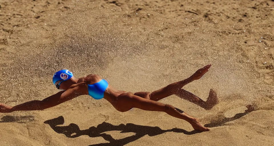 Image similar to olympic swimming in sand instead of water, extremely coherent, motion blur