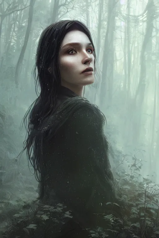 Image similar to a fancy close up illustrated portrait of a beautiful dark mage using magic in the forest by Greg Rutkowski, Sung Choi, Mitchell Mohrhauser, Maciej Kuciara, Johnson Ting, Maxim Verehin, Peter Konig, final fantasy , mythical, 8k photorealistic, cinematic lighting, HD, high details, atmospheric,