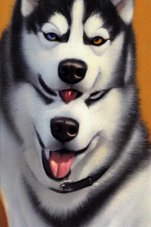 Image similar to a character design of a husky wearing a white vest, portrait painting, furry, anime