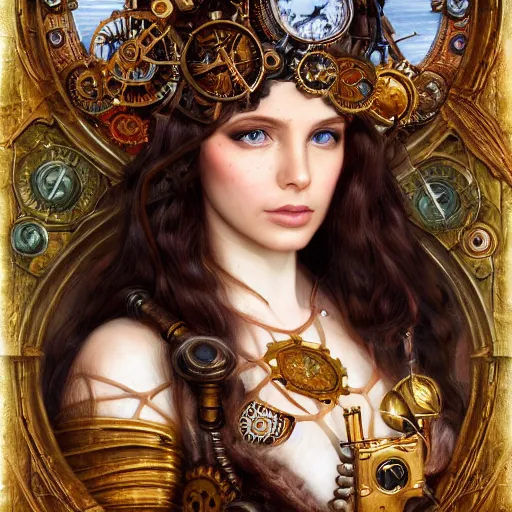 Prompt: Head and shoulders materpiece portrait of Lana Rhoades as a steampunk beautiful goddess, she half human and half robot, she is embellished with few gears wheels and gemstones, by William Holman Hunt, Greg Rutkowski, Stanely Artgerm, Tooth Wu, Peter Gric, Aaron Horkey, trending on Artstation, digital art, mythological, symmetrical artwork, cinematic lighting, hyper realism, high detail, octane render, ultra realistic, golden ratio, 4k, 8k