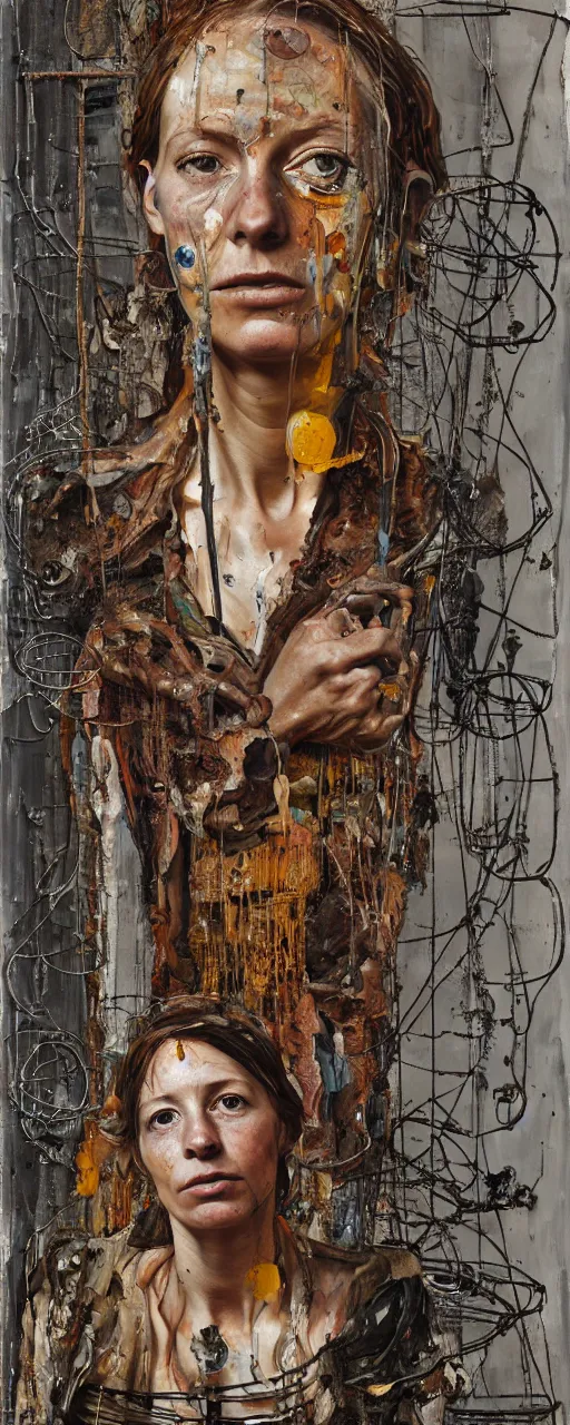 Prompt: a full length portrait of a very ordinary young woman with a distracted expression, Anselm Kiefer and Lucian Freud and Jenny Saville, oil painting, rust, Scaffolding, rusted metal and sunflowers, iron cladding, decay, mixed media, textured, anatomically correct, beautiful perfect face, visible brushstrokes, sharp focus, twisted wire, Highly Detailed, nails, photographic emulsion cracked and peeling, Cinematic Lighting, 8k, HD