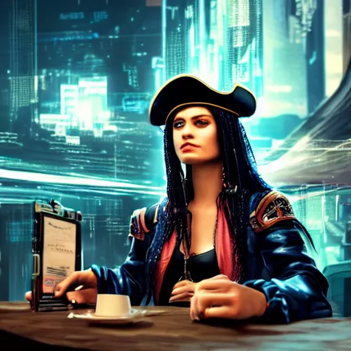 Image similar to a high quality portrait of a beautiful stunning pirate in a cyberpunk cyberpunk cyberpunk cafe, realism, 8k, award winning photo