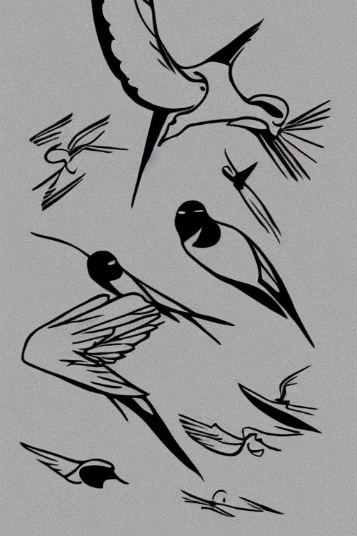 Prompt: a simple tattoo design of swallows flying into lines and basic shapes, black ink, abstract logo, line art