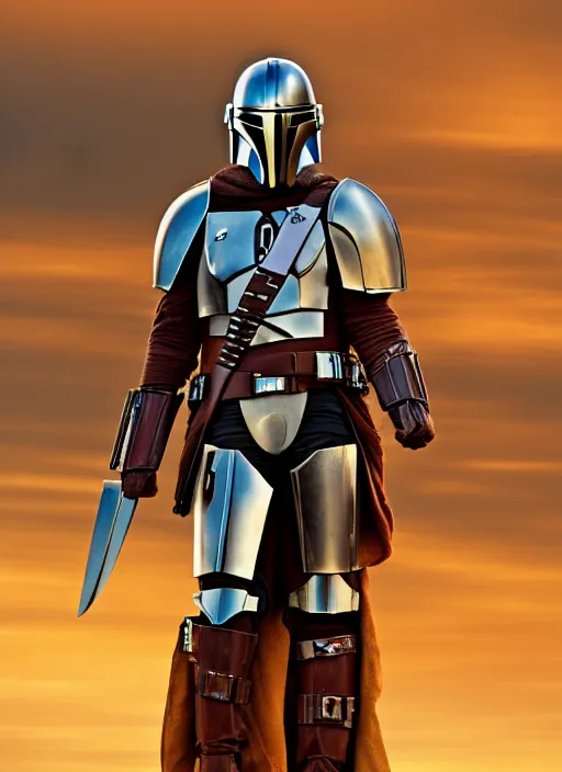 Prompt: Mandalorian as a medieval knight in intricate armor, ornate filigree armor, desert dunes, sunset clouds, sun glowing behind head, hypermaximalist, fantasy character concept, dynamic lighting, blurry, hyperrealism 8k