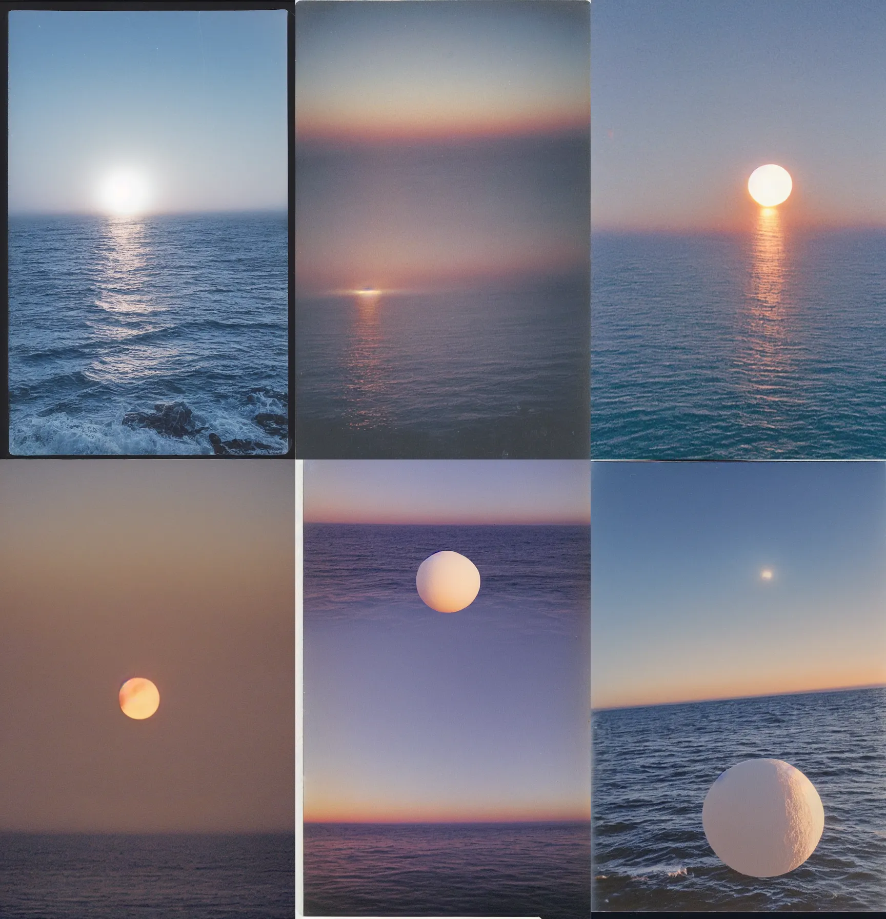 Prompt: a Polaroid of a massive mysterious white orb floating above the coasts of California at twilight