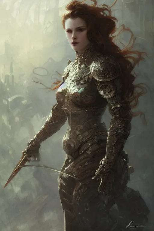 Image similar to woman with pale skin and battle armor, fog, volumetric lighting, intricate, elegant, highly detailed, digital painting, artstation, concept art, smooth, sharp focus, art nouveau, synthwave, art by raymond swanland and alphonse mucha