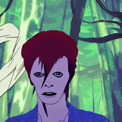 Prompt: david bowie in the forest made by studio ghibli, spirit, night, high details, high quality, 8 k, smooth,