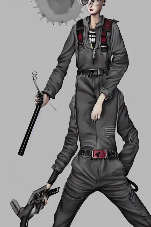 Prompt: an androgynous punk girl with short hair who is a mechanic wearing overalls, grey background, illustration, character concept design, trending on artstation