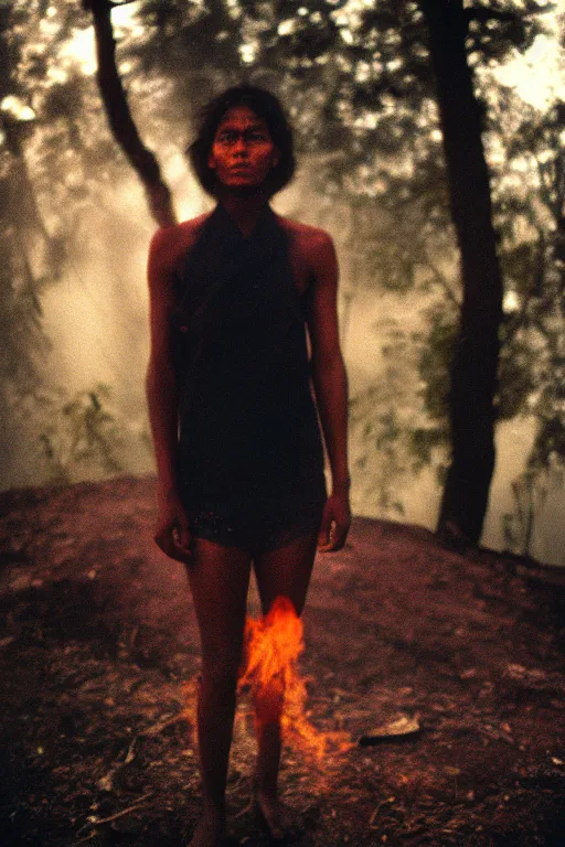 Image similar to close up portrait photography of a woman with bright eyes standing in front of forest fire, 35mm, film photo, steve mccurry