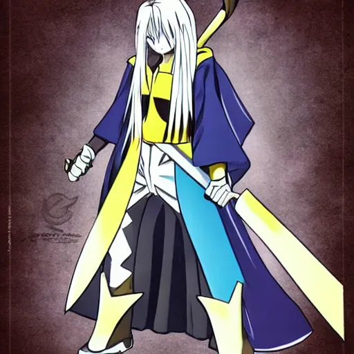 Image similar to Pikachu cosplaying Sephiroth with his long sword and a meaning face, coloured manga style