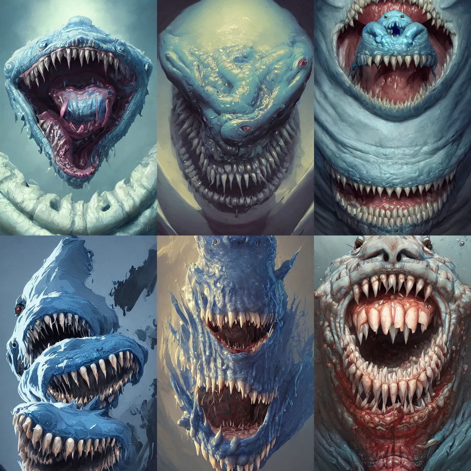 Prompt: portrait of a gibbering blue mouth monster, horrific, highly detailed backmouth, thousands of teeth, digital painting, artstation, concept art, smooth, sharp focus, illustration, art by wlop, mars ravelo and greg rutkowski, very cute.