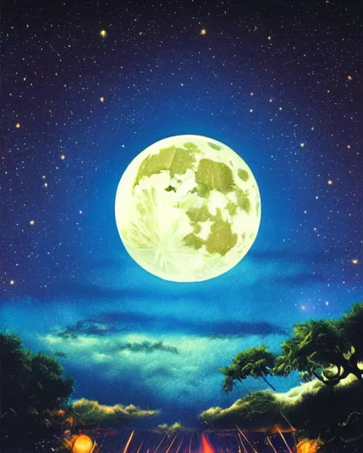 Prompt: full moon night sky background, airbrush, drew struzan illustration art, key art, movie poster