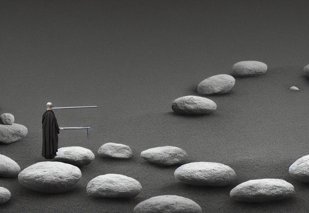 Prompt: portrait of a lone man monk raking stones in a zen garden kyoto, japan, a collage painting, in the style of wes anderson, lola dupre, david hockney, isolated on negative white space background dark monochrome fluorescent neon spraypaint accents volumetric octane render