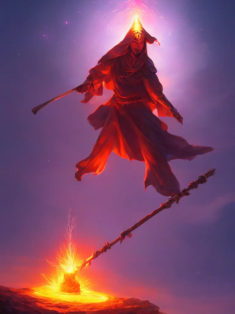 Image similar to levitating wizard wielding a spear opening a shining portal pulsating in the night sky, horizon of an erupting volcano, digital painting, cgsociety, artstation, highly detailed, cinematic lighting