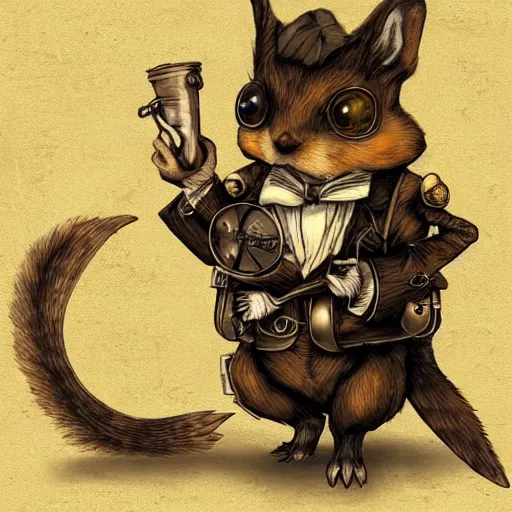 Prompt: steampunk squirrel looking evil into the camera, artistic background, trending on artstation, highly detailed