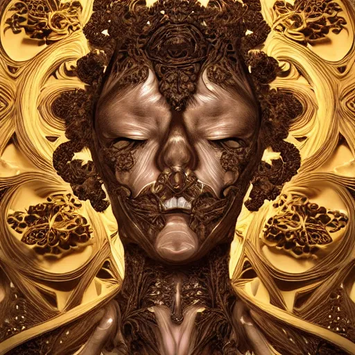 Image similar to beatifull frontal face portrait of a woman, 150 mm, anatomical, flesh, flowers, mandelbrot fractal, facial muscles, veins, arteries, symmetric, intricate, golden ratio, full frame, microscopic, elegant, highly detailed, ornate, ornament, sculpture, elegant , luxury, beautifully lit, ray trace, octane render in the style of peter Gric , alex grey and Romero Ressendi