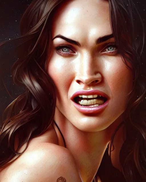 Image similar to portrait of megan fox laughing, intricate, headshot, highly detailed, digital painting, artstation, concept art, sharp focus, cinematic lighting, illustration, art by artgerm and greg rutkowski, alphonse mucha, cgsociety