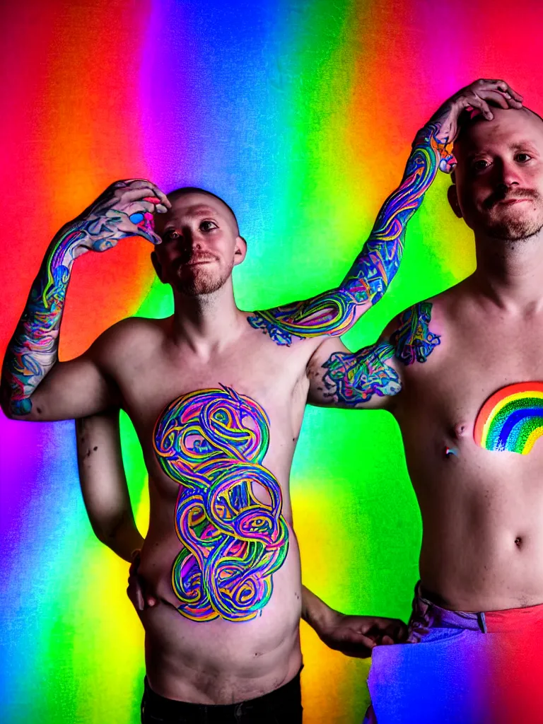 Image similar to a perfect portrait of a man standing, proudly displaying his four dimensional hyperbolic rainbow tattoos that extrude, protude and extend outwards and around his body like grasping prehensile tendrils tentacles and snakes, perfect studio lighting.