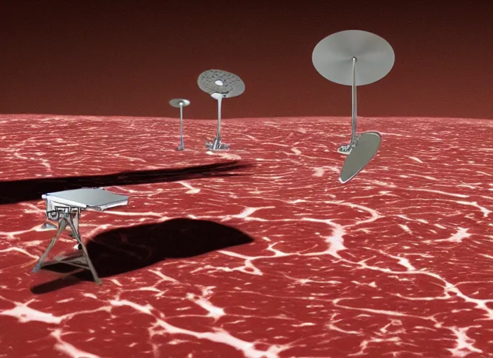 Image similar to NASA's Culinarity rover probes the surface of the meat planet with knives and forks, high resolution space probe photograph from the surface of a newly discovered planet made of pork