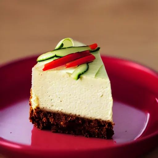 Prompt: Food photography of “piece of chili pepper and cucumber cheesecake”, 85mm f1.2, extremely detailed