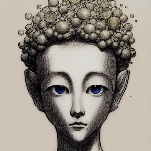 Image similar to prompt: Fragile looking vessel portrait face drawn by Katsuhiro Otomo, inspired by Carlo Dolci, magical and alchemical objects on the side, soft light, white background, intricate detail, intricate ink painting detail, sharp high detail, manga and anime 2000