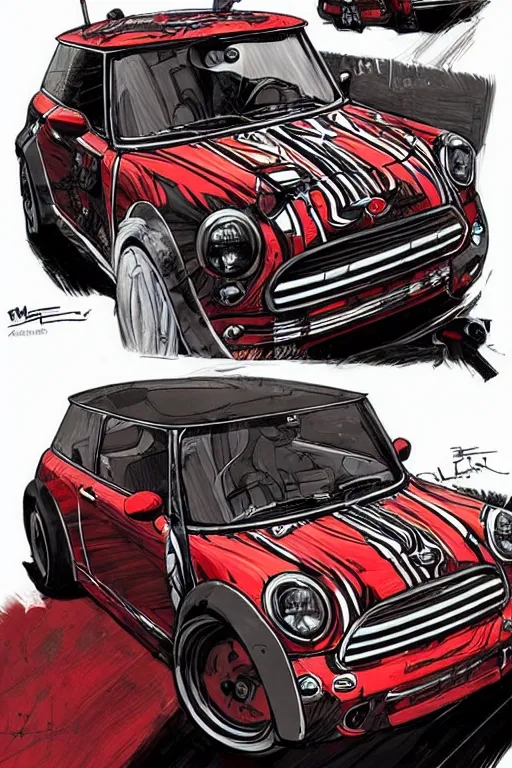 Prompt: Red Mini Cooper car designed by Aplle that looks like it is from Borderlands and by Feng Zhu and Loish and Laurie Greasley, Victo Ngai, Andreas Rocha, John Harris