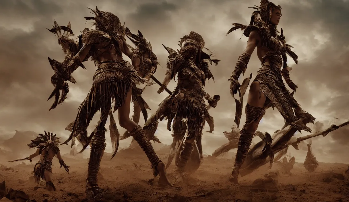 Image similar to long distance photo of ancient tribewoman standing against barbarians, in armor from monster hunter, attacking barbarian horde in the background, back shot, muscular bodies, dramatic lighting, cinematic, establishing shot, extremely high detail, photorealistic, 300 the movie,monster hunter the movie, dune the movie, cinematic lighting, artstation, octane render, western,old photo, vintage