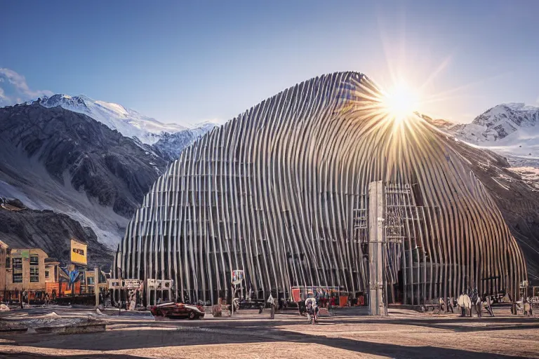 Image similar to architecture photo modern fachwerk giant opera building settlement with Elbrus mountain on the background, architecture, photorealism 8k , shining and happy atmosphere, uplight, high details