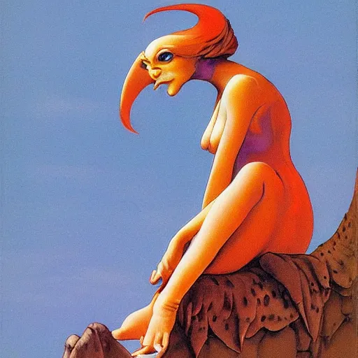 Prompt: Cute Harpy Girl by Roger Dean