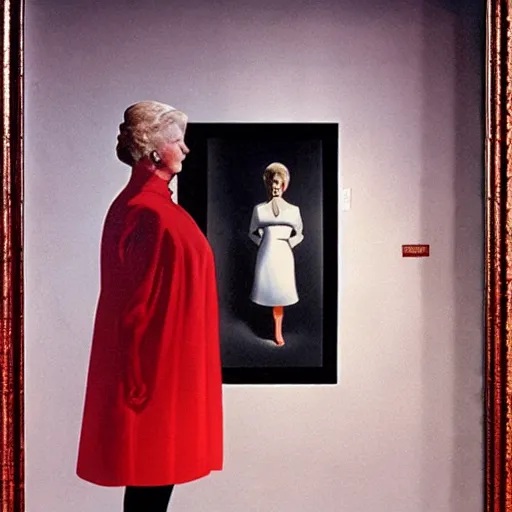 Image similar to very detailed and attractive portrait of dame angela lansbury backlit with an ominous red glow, painted by rene magritte