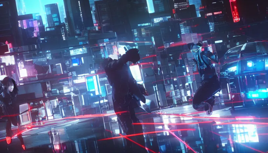 Image similar to an exciting screenshot of Multiplayer from a bank robbery game set in the 1990s with anime style graphics inspired by Ghost in the shell on unreal engine 5 created by Arc System Works + Hideo Kojima + Superboss Creations