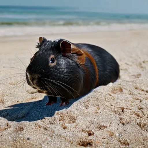 Image similar to a guinea pig using a metal detector on the beach, 4k photorealism