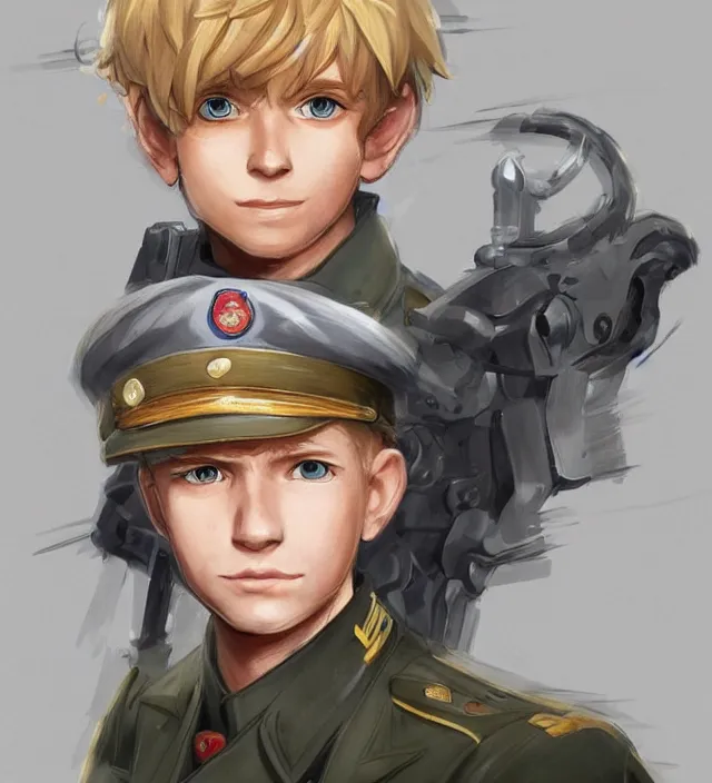 Image similar to character concept art of a cute young german boy with blond hair and bluish eyes, wearing a military uniform. lovely - fine - face, key visual, realistic shaded perfect face, fine details by rossdraws, james jean, andrei riabovitchev, marc simonetti, sakimichan, trending on artstation