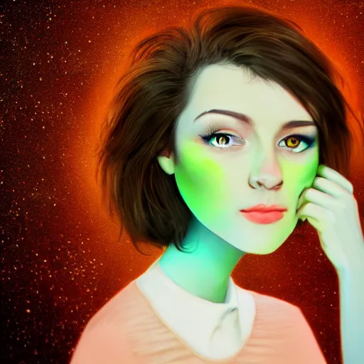 Prompt: a portrait photo of a young woman with short brown hair, a dress, and green eyes, floating in space, trending on artstation