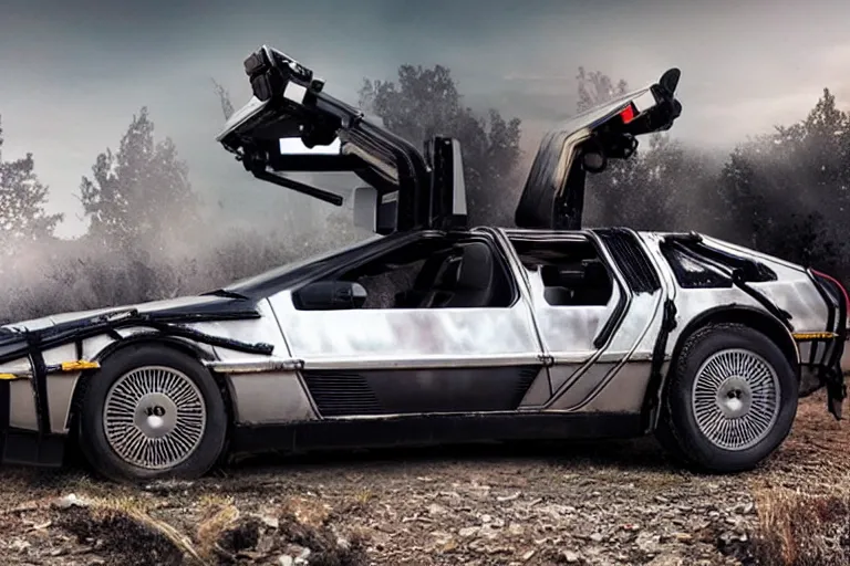 Prompt: apocalyptic 2 0 2 2 delorean