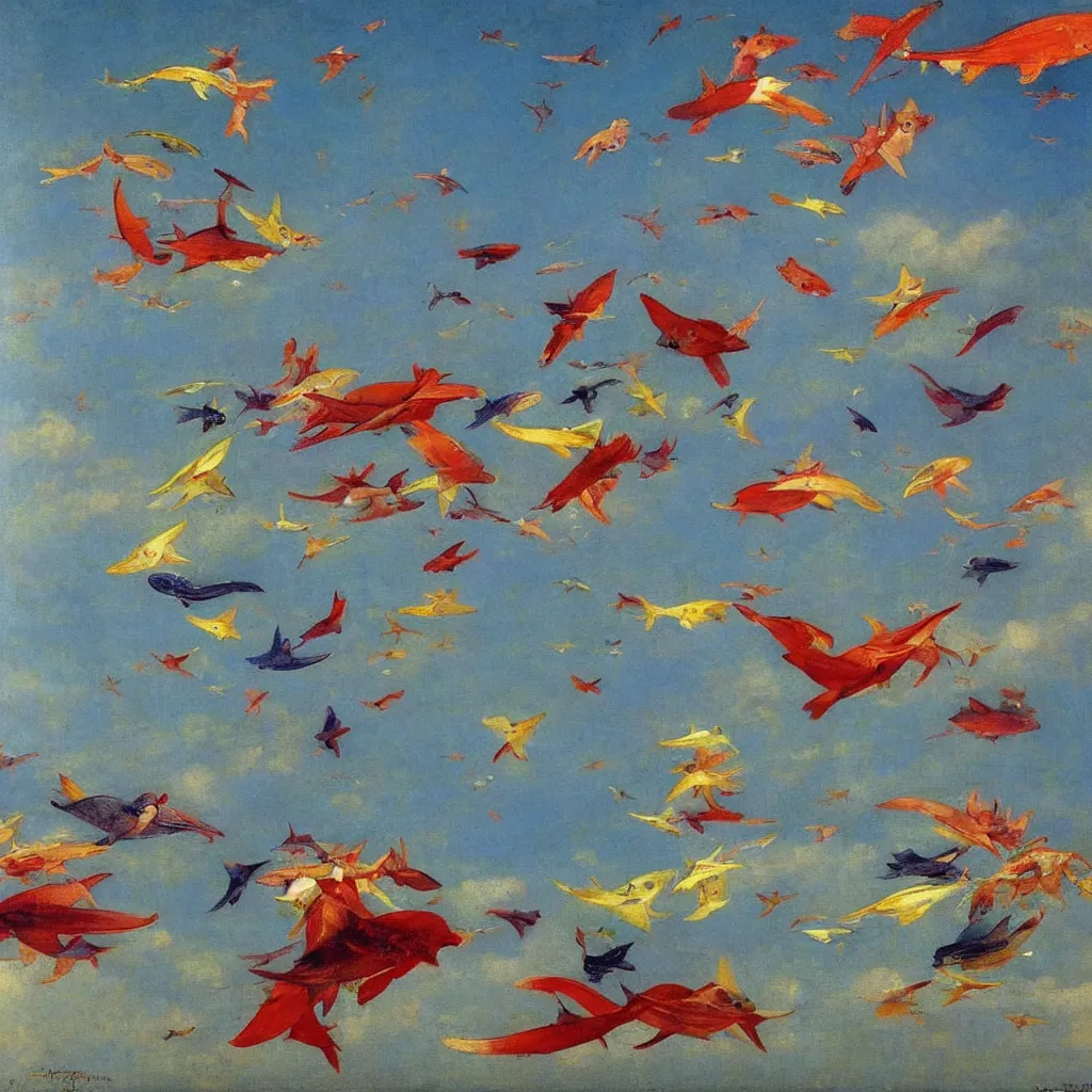 Image similar to colorful zepplins shaped life fish flying in the air, 1905, colorful highly detailed oil on canvas, by Ilya Repin