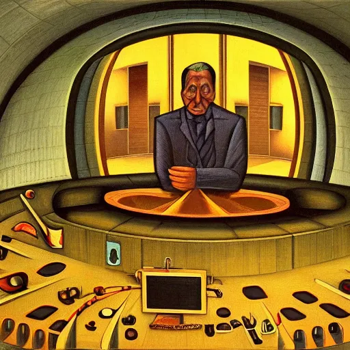 Image similar to portrait of an evil mastermind inside a dome - shaped control center, evil lair, pj crook, grant wood, oil on canvas