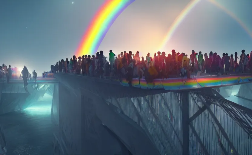Prompt: incredible, mindblowing, refugees crossing a beautiful bridge made of rainbow hardlight, floating city in the sky, matte painting, artstation, cgsociety, dramatic lighting, concept art, octane render, arnold 3 d render