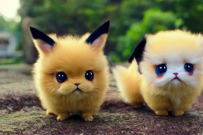 Image similar to real life pokemons, cute!!!, content!!!, mischievous!!!, adorable!!!, little furballs, fluffy!!!, ultra realistic!!!, golden hour, sharp focus