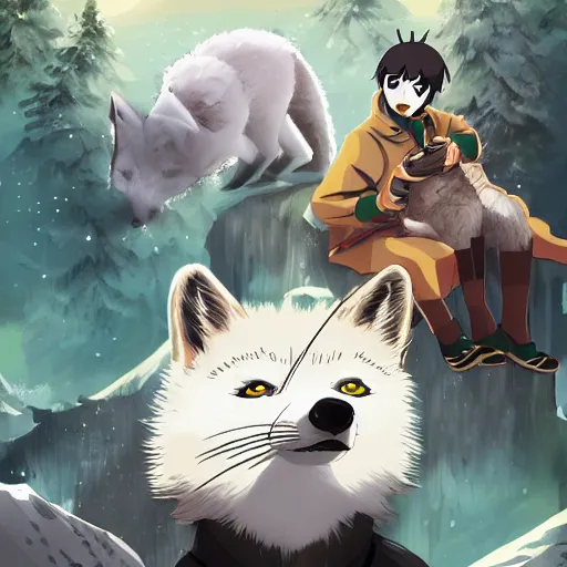 prompthunt: key anime visual portrait of an anthropomorphic arctic fox  fursona in a hoodie, handsome, official modern anime art