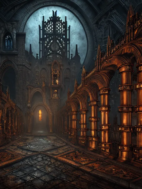 Image similar to steam necropolis, memento mori, gothic, neo - gothic, art nouveau, hyperdetailed copper patina medieval icon, stefan morrell, philippe druillet, ralph mcquarrie, concept art, steampunk, unreal engine, detailed intricate environment, octane render, moody atmospherics, volumetric lighting, ultrasharp, ominous, otherworldly