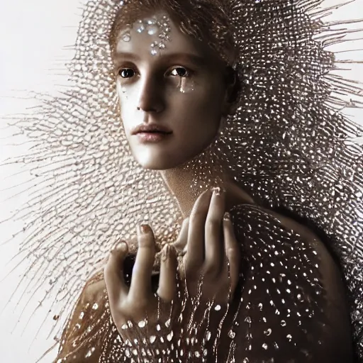 Image similar to full shot of a regal brown woman wearing an intricate and detailed armor made of dew drops. refracted light. morning dew. delicate. translucent. no makeup!! haunting eyes. vulnerable. fragile. ethereal. refracted light. by ray caesar. by louise dahl - wolfe. by andrea kowsch.